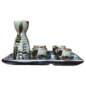Baum Bros Style Eyes Asian Collection Stoneware Green Sake Set Carafe Cups Tray
